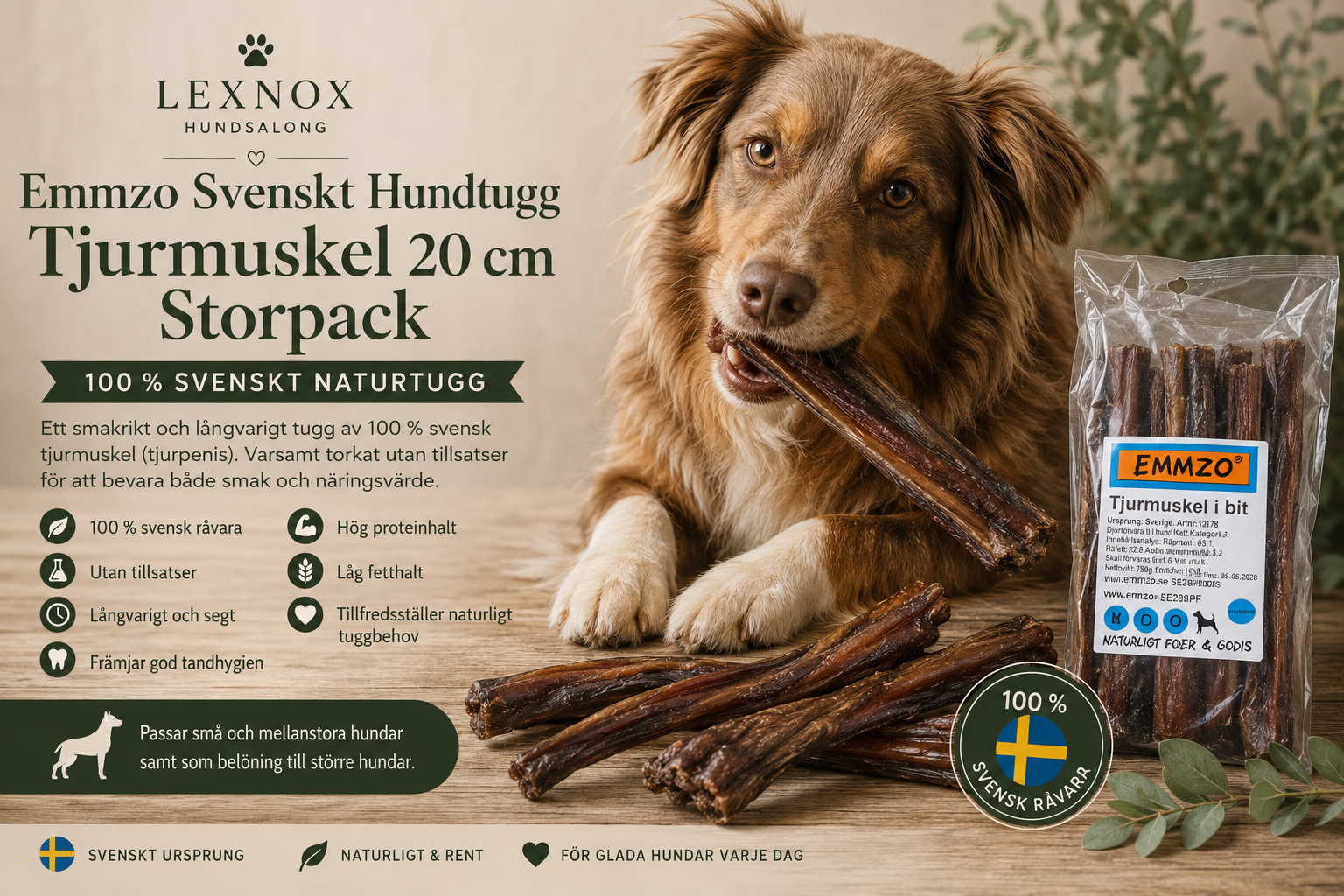 Emmzo Svenskt Hundtugg Tjurmuskel 20 cm 10-pack – Naturligt hundtugg av 100 % svensk tjurmuskel