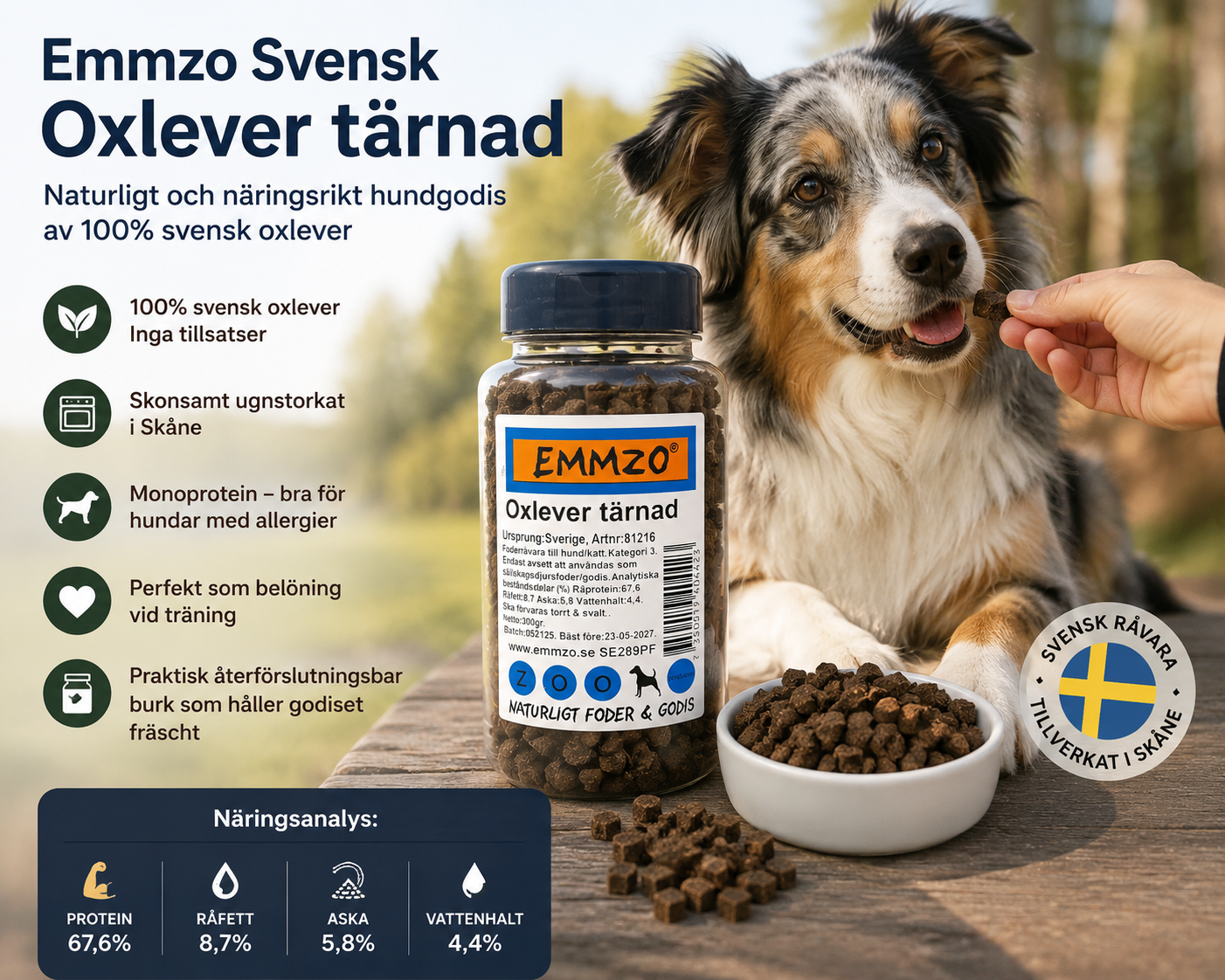 Emmzo Svensk Oxlever tärnad är ett naturligt och näringsrikt hundgodis tillverkat av 100% svensk oxlever, utan tillsatser. Det är skonsamt ugnstorkat och tärnat i lagom storlek för hundar.