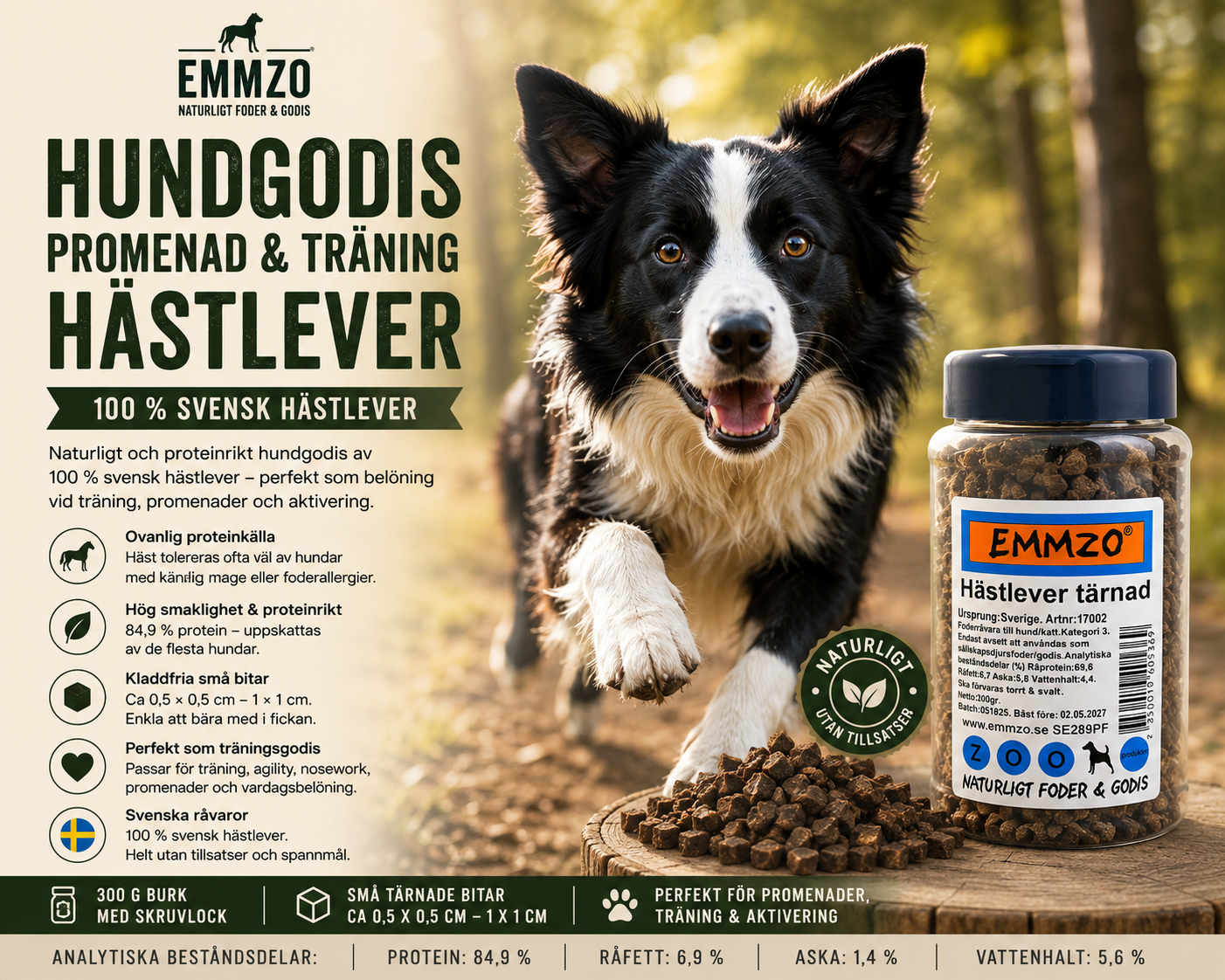 Emmzo Svenskt Hundgodis Tärnad Hästlever 300g Burk Storpack