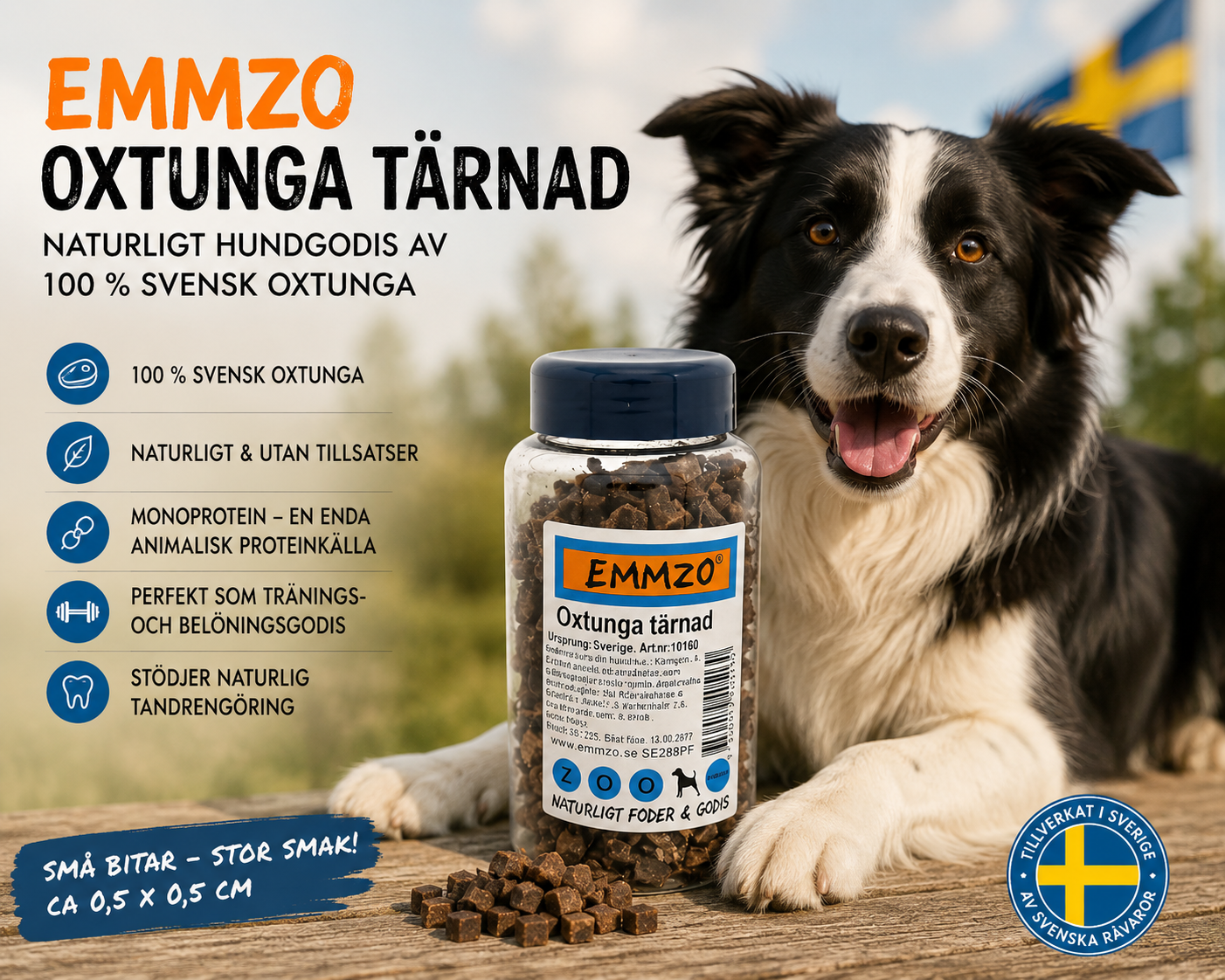 Emmzo Svensk Oxtunga Tärnad 300 g – Naturligt hundgodis av 100 % svensk oxtunga