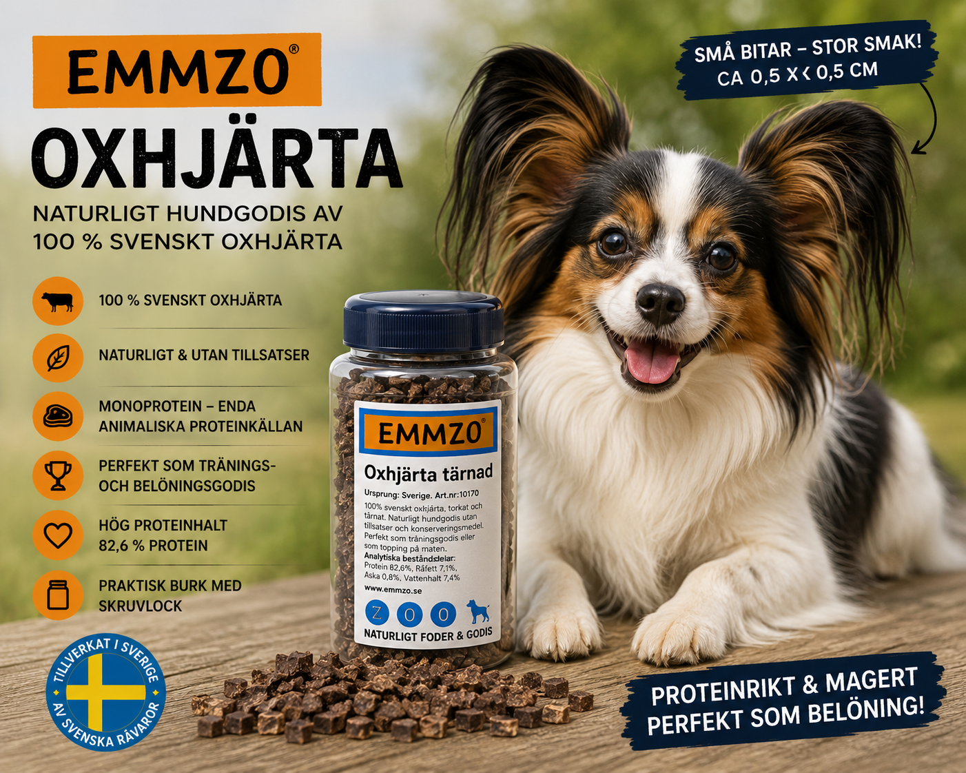Emmzo Svenskt Oxhjärta är naturligt hundgodis av 100 % svenskt oxhjärta