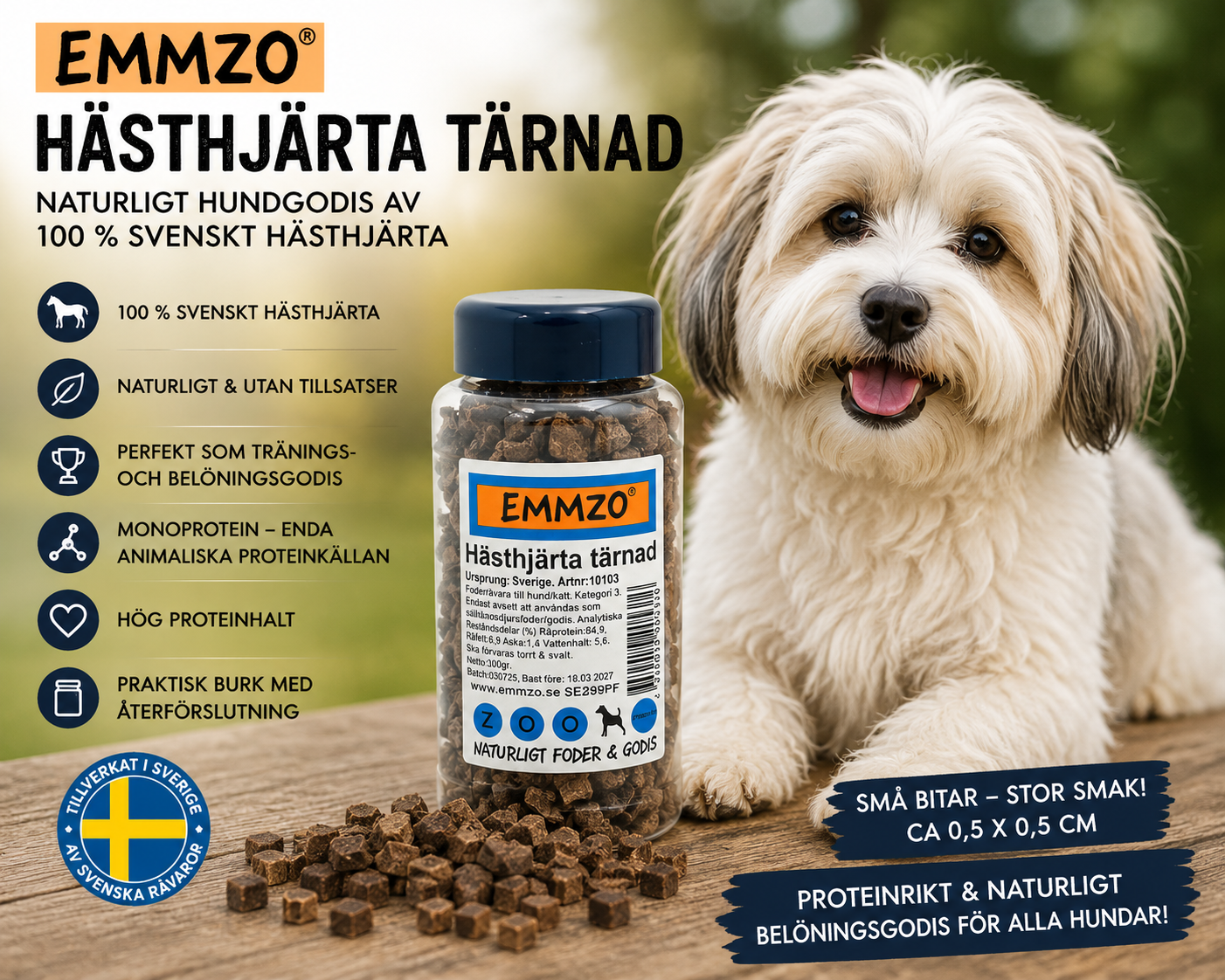 Emmzo Svenskt Hästhjärta Tärnad 300 g – Naturligt hundgodis av 100 % svenskt hästhjärta