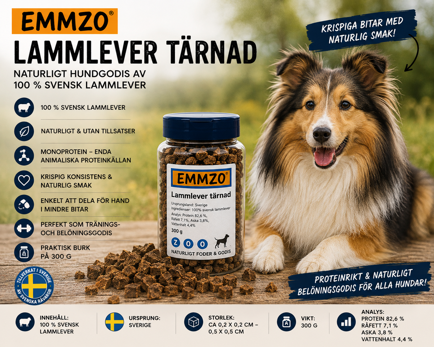 Emmzo Svenskt Hundgodis Lammlever Tärnad 300 g – Naturligt hundgodis av 100 % svenskt lamm
