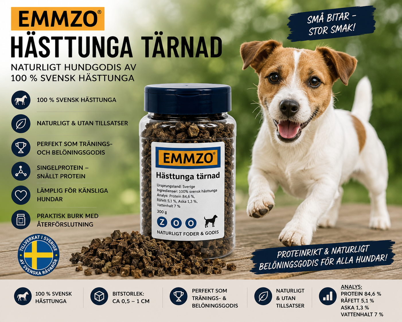 Emmzo Svensk Tärnad Hästtunga – Naturligt hundgodis av 100 % svensk hästtunga