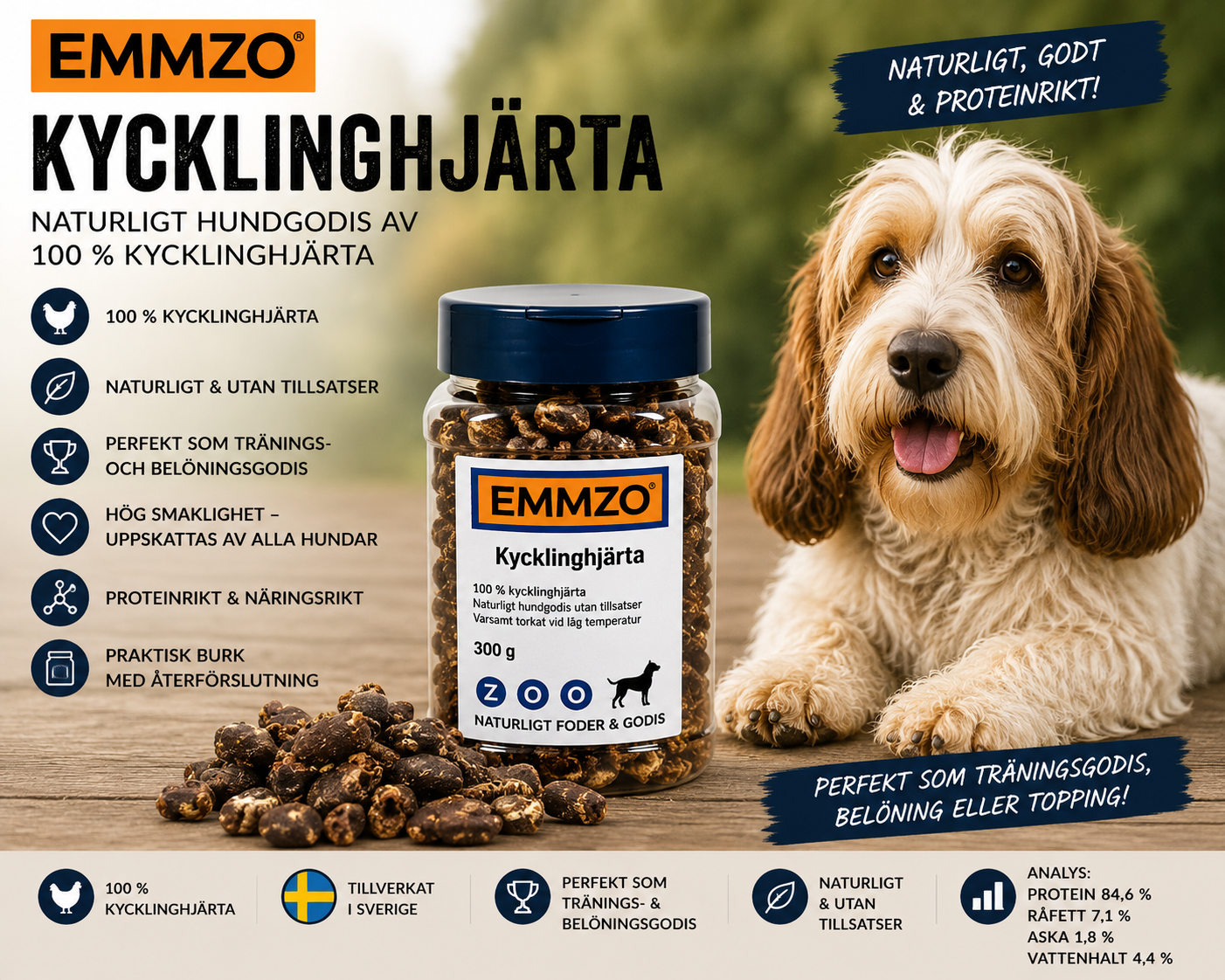 Emmzo Svenskt Hundgodis Kycklinghjärta 300 g – Naturligt hundgodis av 100 % kycklinghjärta
