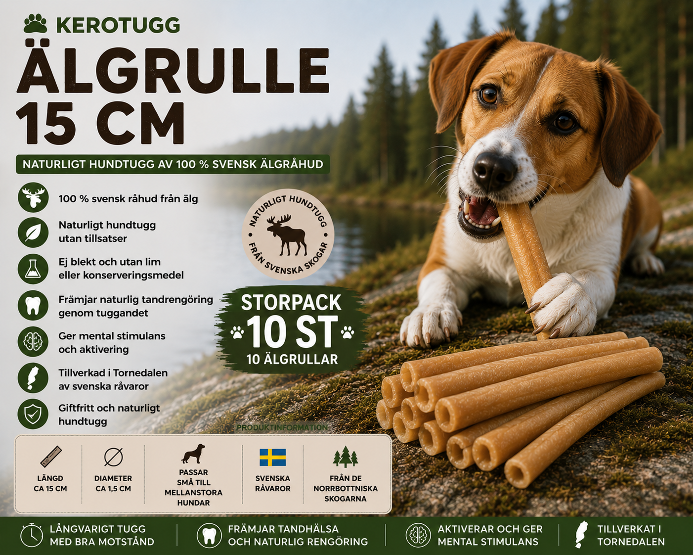 Kerotugg Älgrulle 15 cm 10 st – naturligt svenskt hundtugg av 100 % älgråhud för små och mellanstora hundar.