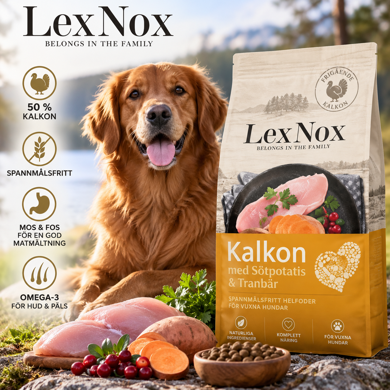 LexNox Spannmålsfri Frigående Kalkon med Sötpotatis & Tranbär – näringsrikt spannmålsfritt hundfoder för vuxna hundar med 50 % kalkon, omega-3 samt prebiotika MOS & FOS.