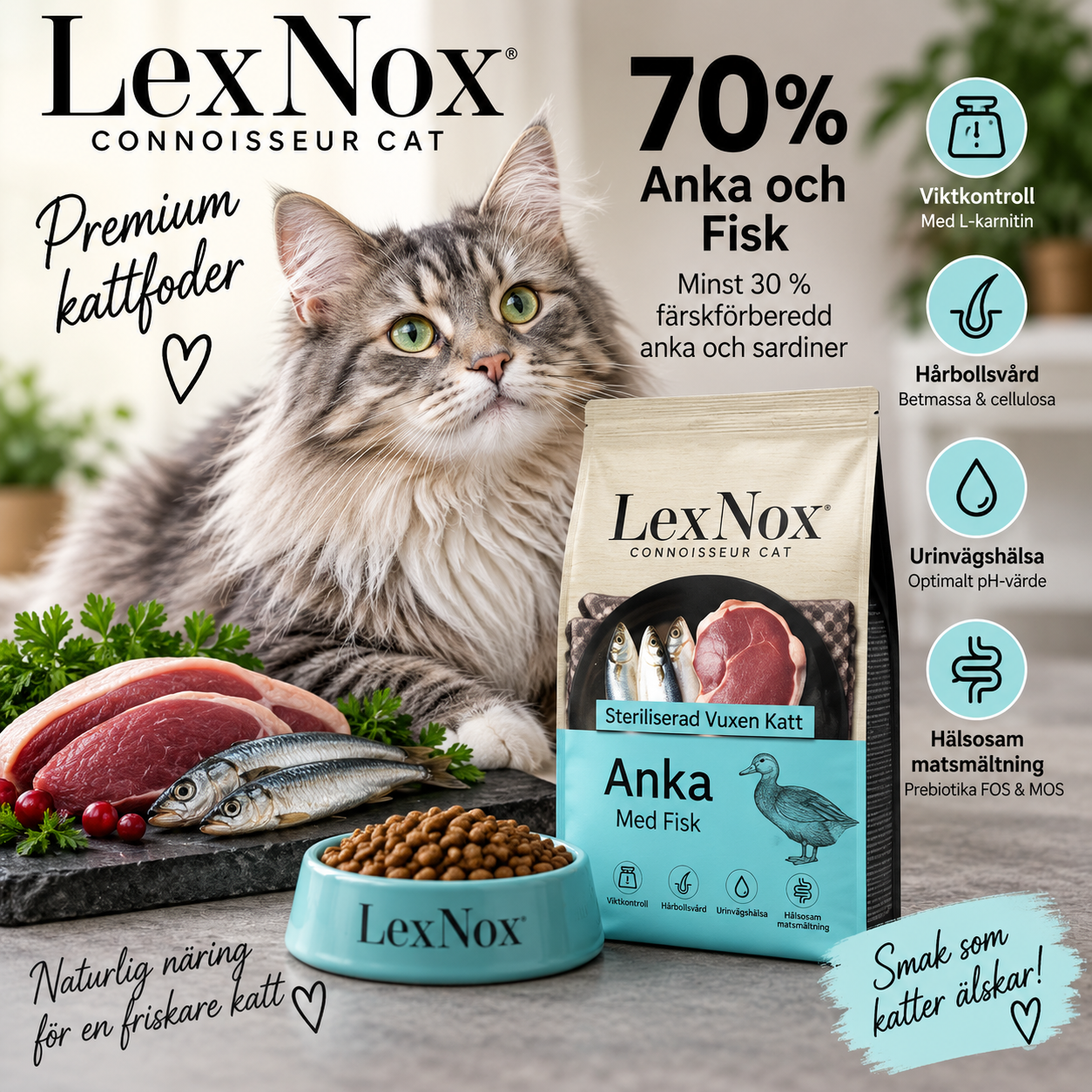 LexNox Kattmat Anka & Fisk – proteinrikt premium kattfoder med 70 % anka och fisk för steriliserade och kastrerade vuxna katter.