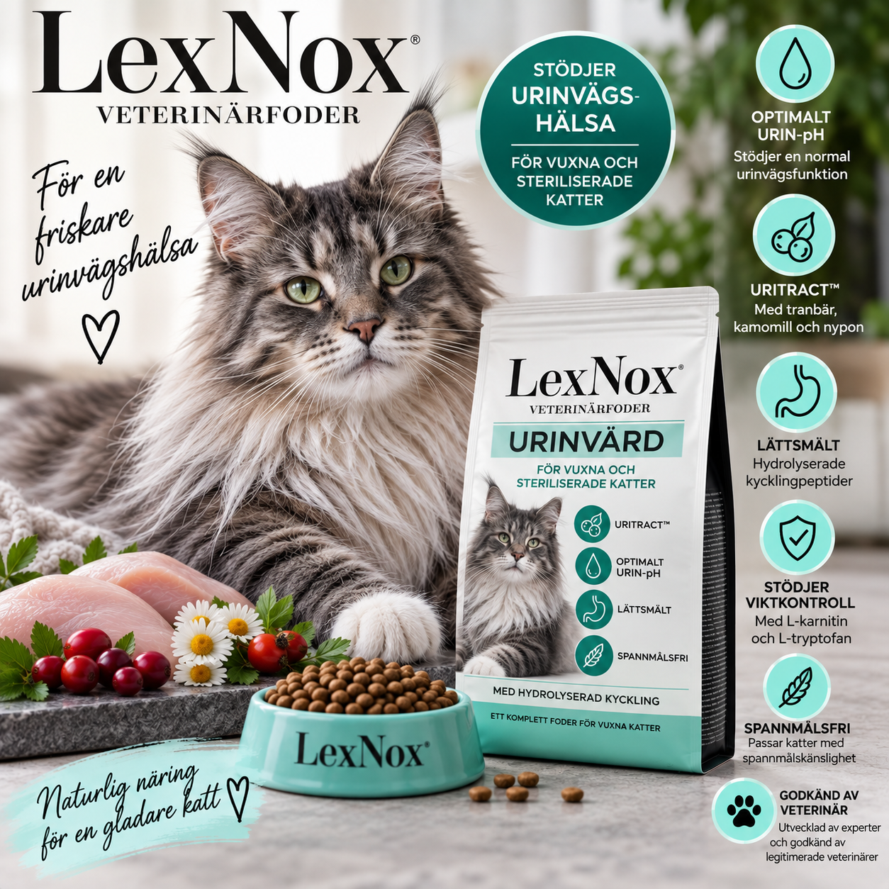 LexNox Veterinärfoder Katt Urinvård – spannmålsfritt kattfoder med hydrolyserad kyckling och URITRACT™ för vuxna och steriliserade katter.