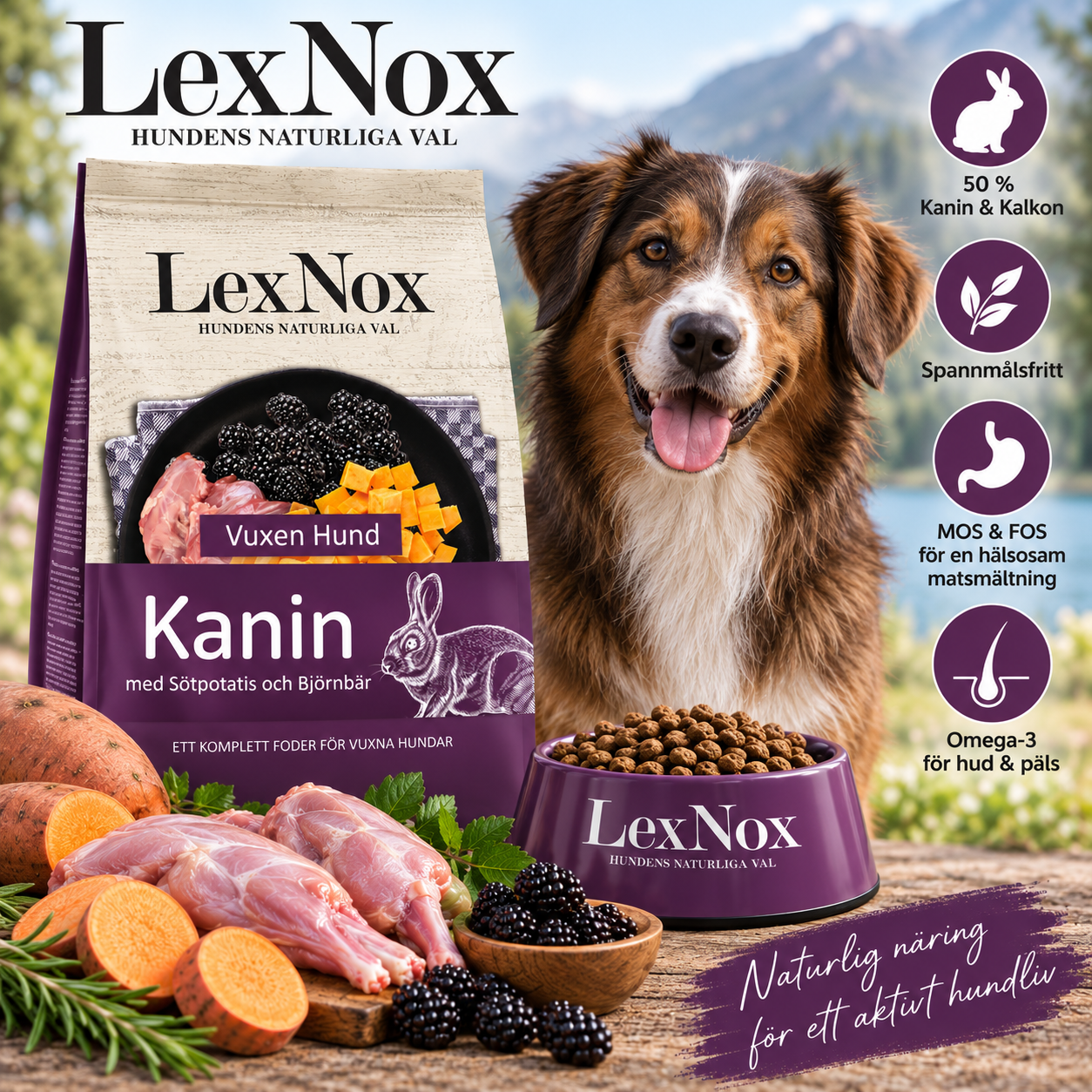 LexNox Spannmålsfri Kanin med Kalkon, Sötpotatis & Björnbär – näringsrikt hundfoder med 50 % kanin och kalkon, omega-3 samt MOS & FOS.