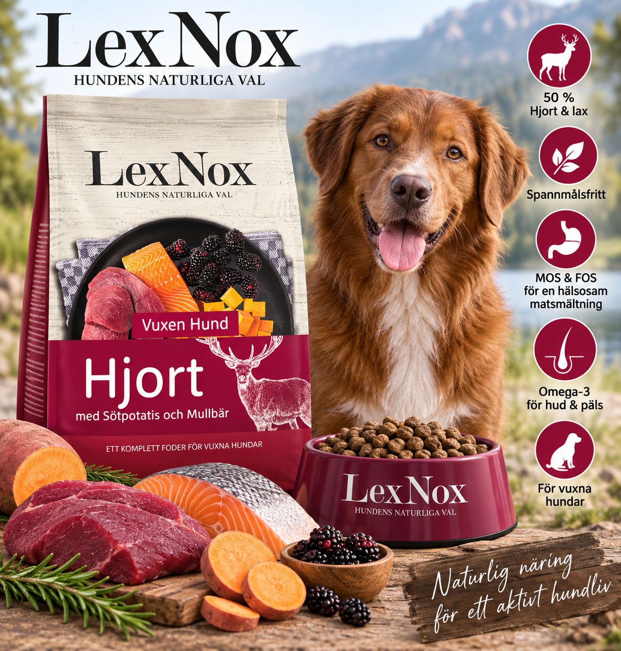 LexNox Spannmålsfri Hjort med Lax, Sötpotatis & Mullbär – näringsrikt hundfoder med 50 % hjort och lax, omega-3 samt prebiotika MOS & FOS för en hälsosam matsmältning.