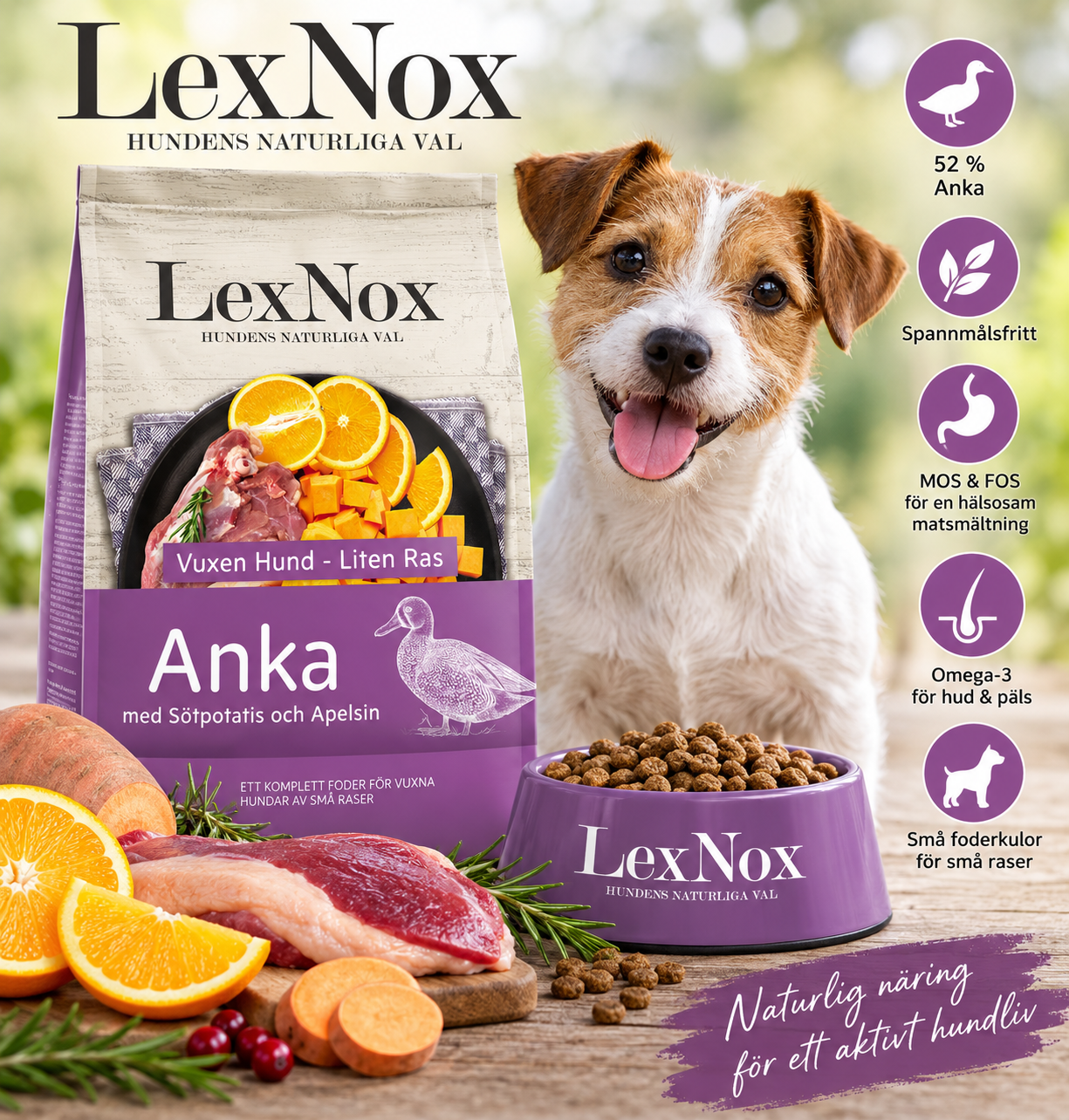 LexNox Spannmålsfri Anka med Sötpotatis & Apelsin – näringsrikt hundfoder för små raser med 52 % anka, omega-3 samt prebiotika MOS & FOS.