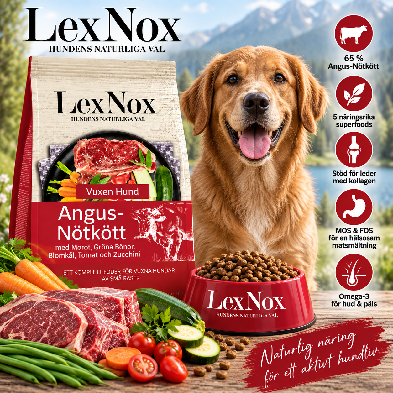 LexNox Superfood 65 Angus Nötkött – proteinrikt premium hundfoder med 65 % nötkött, 35 % färskförberett Angus och 5 näringsrika superfoods.